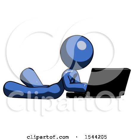 Blue Design Mascot Woman Using Laptop Computer While Lying on Floor Side Angled View by Leo Blanchette