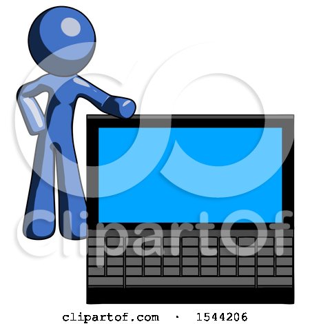 Blue Design Mascot Man Beside Large Laptop Computer, Leaning Against It by Leo Blanchette