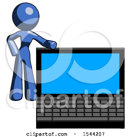 Blue Design Mascot Woman Beside Large Laptop Computer, Leaning Against It by Leo Blanchette
