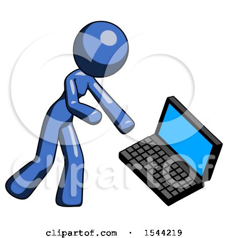Blue Design Mascot Woman Throwing Laptop Computer in Frustration by Leo Blanchette