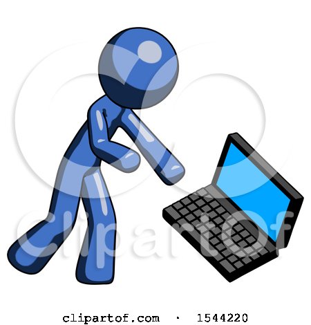 Blue Design Mascot Man Throwing Laptop Computer in Frustration by Leo Blanchette