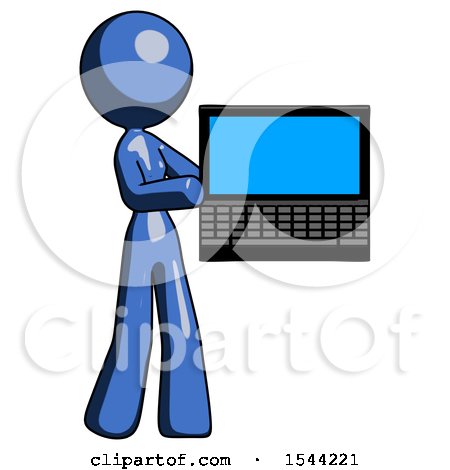 Blue Design Mascot Woman Holding Laptop Computer Presenting Something on Screen by Leo Blanchette