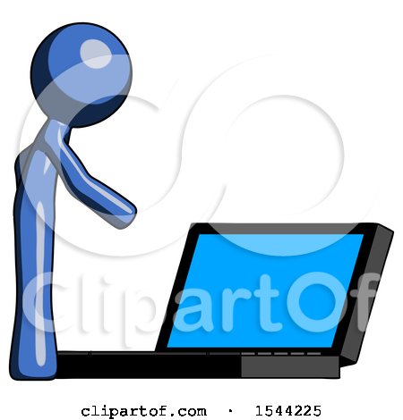 Blue Design Mascot Man Using Large Laptop Computer Side Orthographic View by Leo Blanchette