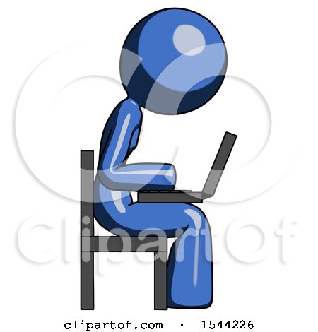 Blue Design Mascot Woman Using Laptop Computer While Sitting in Chair View from Side by Leo Blanchette