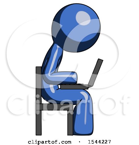 Blue Design Mascot Man Using Laptop Computer While Sitting in Chair View from Side by Leo Blanchette