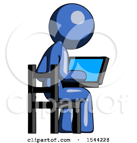 Blue Design Mascot Woman Using Laptop Computer While Sitting in Chair View from Back by Leo Blanchette