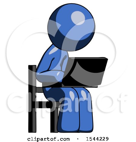 Blue Design Mascot Man Using Laptop Computer While Sitting in Chair Angled Right by Leo Blanchette
