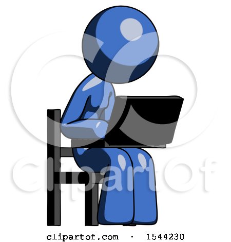 Blue Design Mascot Woman Using Laptop Computer While Sitting in Chair Angled Right by Leo Blanchette
