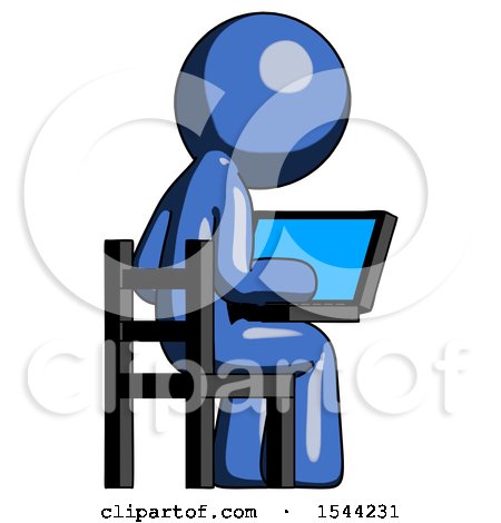 Blue Design Mascot Man Using Laptop Computer While Sitting in Chair View from Back by Leo Blanchette