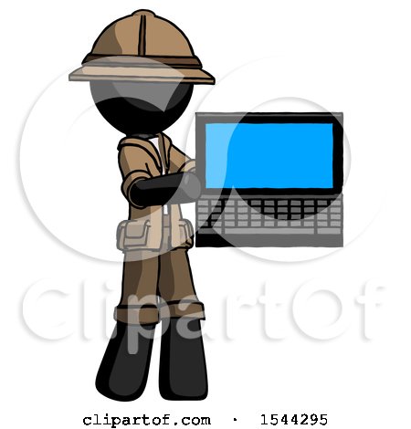 Black Explorer Ranger Man Holding Laptop Computer Presenting Something on Screen by Leo Blanchette
