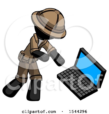 Black Explorer Ranger Man Throwing Laptop Computer in Frustration by Leo Blanchette