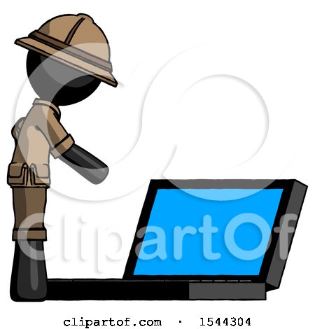 Black Explorer Ranger Man Using Large Laptop Computer Side Orthographic View by Leo Blanchette