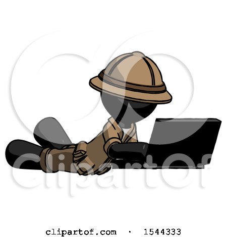 Black Explorer Ranger Man Using Laptop Computer While Lying on Floor Side Angled View by Leo Blanchette