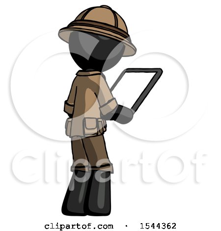 Black Explorer Ranger Man Looking at Tablet Device Computer Facing Away by Leo Blanchette