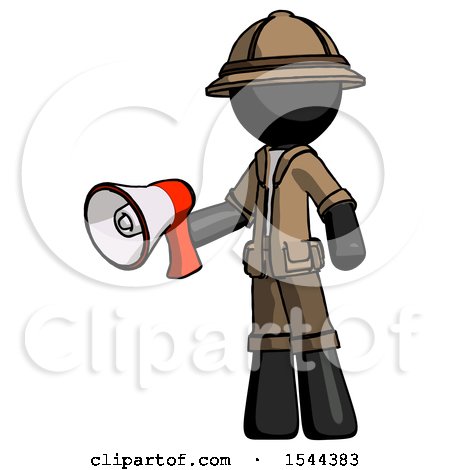 Black Explorer Ranger Man Holding Megaphone Bullhorn Facing Right by Leo Blanchette