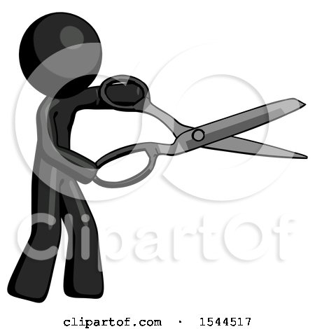 Black Design Mascot Man Holding Giant Scissors Cutting out Something by Leo Blanchette