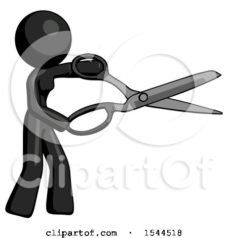 Black Design Mascot Woman Holding Giant Scissors Cutting out Something by Leo Blanchette