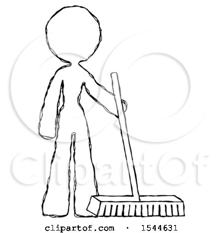 Sketch Design Mascot Woman Standing with Industrial Broom by Leo Blanchette