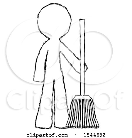 Sketch Design Mascot Man Standing with Broom Cleaning Services by Leo Blanchette