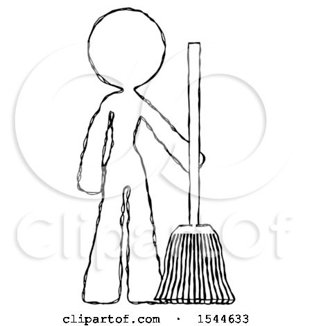 Sketch Design Mascot Woman Standing with Broom Cleaning Services by Leo Blanchette