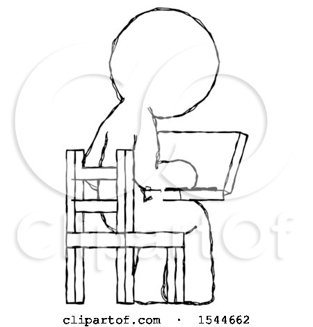 Sketch Design Mascot Man Using Laptop Computer While Sitting in Chair View from Back by Leo Blanchette