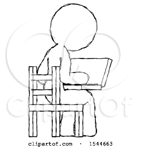 Sketch Design Mascot Woman Using Laptop Computer While Sitting in Chair View from Back by Leo Blanchette