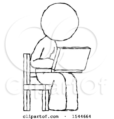 Sketch Design Mascot Woman Using Laptop Computer While Sitting in Chair Angled Right by Leo Blanchette