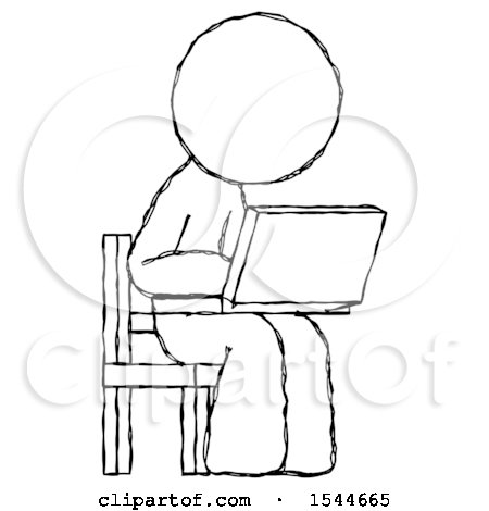Sketch Design Mascot Man Using Laptop Computer While Sitting in Chair Angled Right by Leo Blanchette