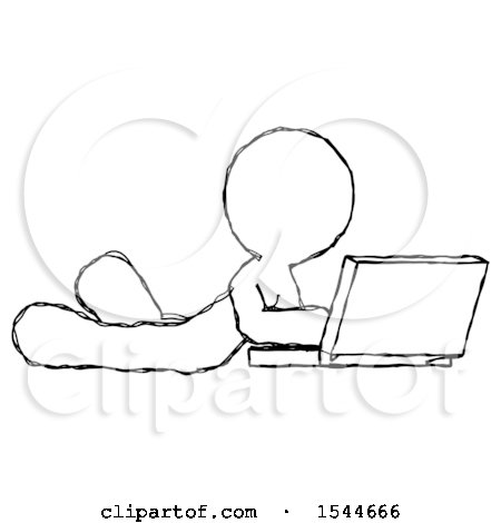 Sketch Design Mascot Man Using Laptop Computer While Lying on Floor Side Angled View by Leo Blanchette
