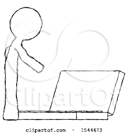 Sketch Design Mascot Man Using Large Laptop Computer Side Orthographic View by Leo Blanchette