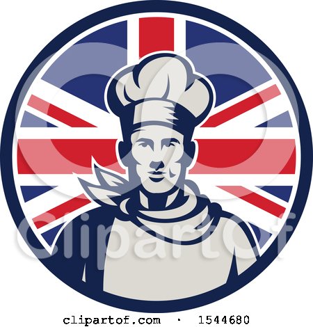 Clipart of a Retro Male Chef in a Union Jack Flag Circle - Royalty Free Vector Illustration by patrimonio