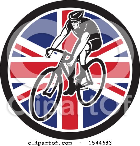 Clipart of a Retro Male Cyclist Riding a Bicycle in a Union Jack Flag Circle - Royalty Free Vector Illustration by patrimonio