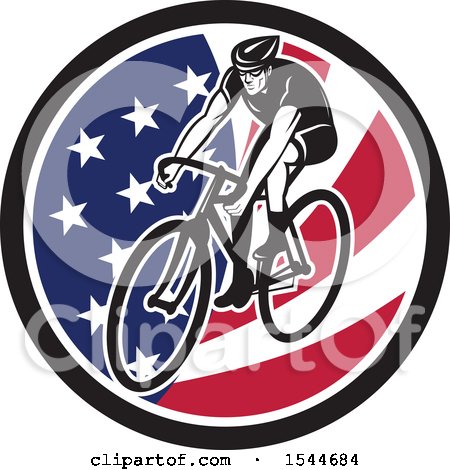Clipart of a Retro Male Cyclist Riding a Bicycle in an American Flag Circle - Royalty Free Vector Illustration by patrimonio