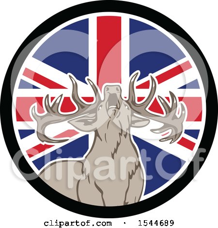 Clipart of a Roaring Deer in a Union Jack Flag Circle - Royalty Free Vector Illustration by patrimonio