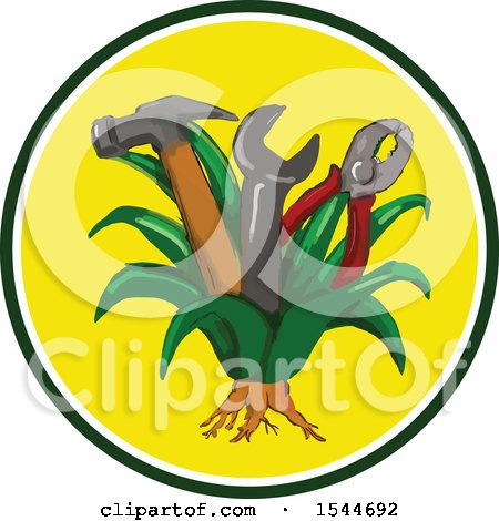 Clipart of a Hammer, Spanner Wrench and Pliers Growing in an Agave Plant Inside a Circle - Royalty Free Vector Illustration by patrimonio