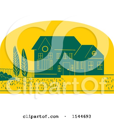 Clipart of a Retro Styled House and Yard in a Yellow Half Circle - Royalty Free Vector Illustration by patrimonio