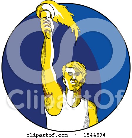 Clipart of a Sketched Male Track and Field Athlete Holding up a Torch in a Blue Circle - Royalty Free Vector Illustration by patrimonio