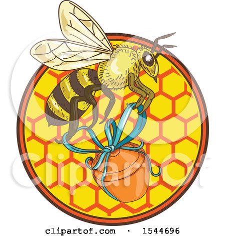 Clipart of a Sketched Worker Bee Flying with a Jar over Honeycombs - Royalty Free Vector Illustration by patrimonio