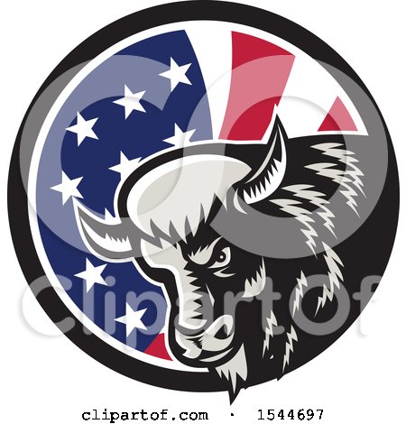Clipart of a Retro Woodcut Angry Buffalo Bison Head in an American Flag Circle - Royalty Free Vector Illustration by patrimonio