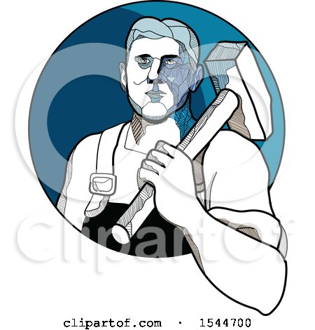 Clipart of a Sketched Male Trade Unionist Factory Worker Carrying a Hammer over His Shoulder - Royalty Free Vector Illustration by patrimonio