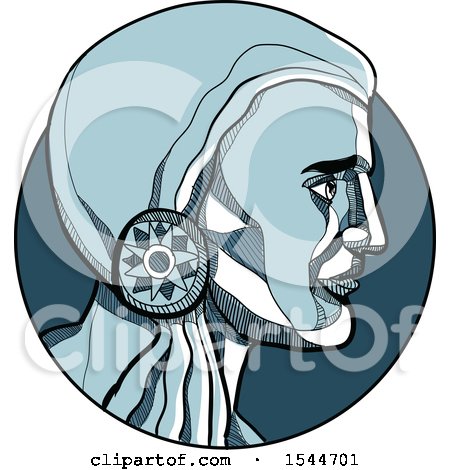 Clipart of a Sketched Blue Profiled Native American Indian Brave in a Circle - Royalty Free Vector Illustration by patrimonio