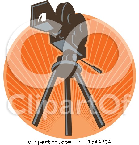 Clipart of a Vintage 35mm Motion Picture Camera on a Tripod in a Circle of Rays - Royalty Free Vector Illustration by patrimonio