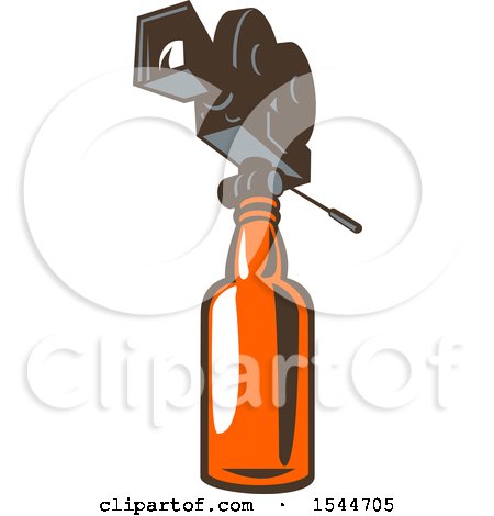Clipart of a Vintage 35mm Motion Picture Camera on Beer or Whiskey Bottle - Royalty Free Vector Illustration by patrimonio