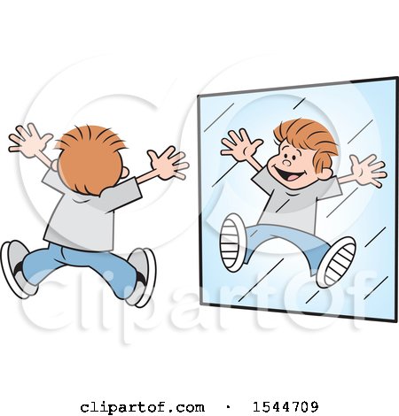Clipart of a Happy White Boy Jumping in a Mirror - Royalty Free Vector Illustration by Johnny Sajem
