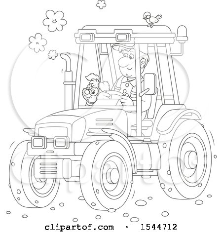 Clipart of a Black and White Farmer and His Dog Operating a Tractor - Royalty Free Vector Illustration by Alex Bannykh