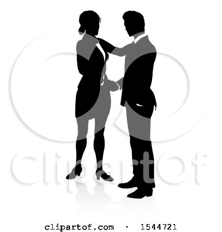 Clipart of a Black and White Silhouetted Business Man and Woman Shaking Hands, with a Reflection or Shadow - Royalty Free Vector Illustration by AtStockIllustration