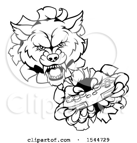 Clipart of a Black and White Wolf Mascot Holding a Video Game Controller and Breaking Through a Wall - Royalty Free Vector Illustration by AtStockIllustration