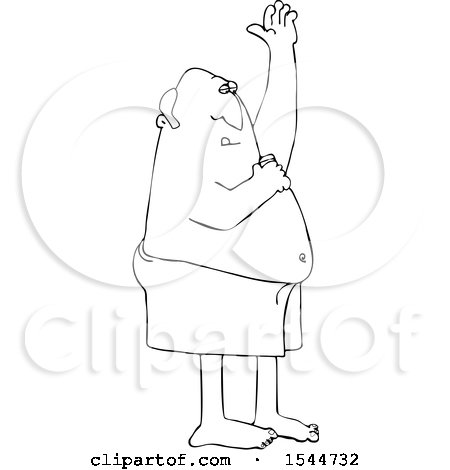 Clipart of a Lineart Man Applying Deodorant After a Shower - Royalty Free Vector Illustration by djart