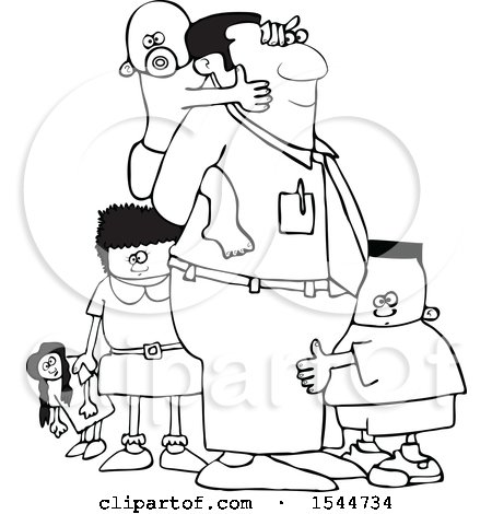 Clipart of a Lineart Cartoon Black Father and His Kids - Royalty Free Vector Illustration by djart
