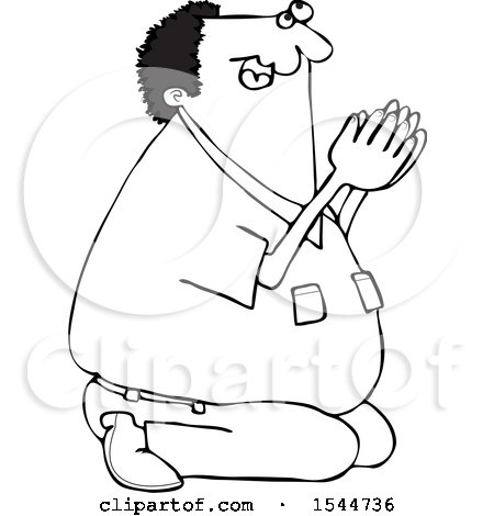 Clipart of a Lineart Black Man Kneeling and Praying - Royalty Free Vector Illustration by djart